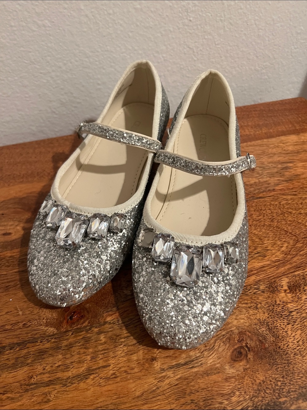 Crewcuts Silver Glitter Mary Jane Flats with Jewel Accents